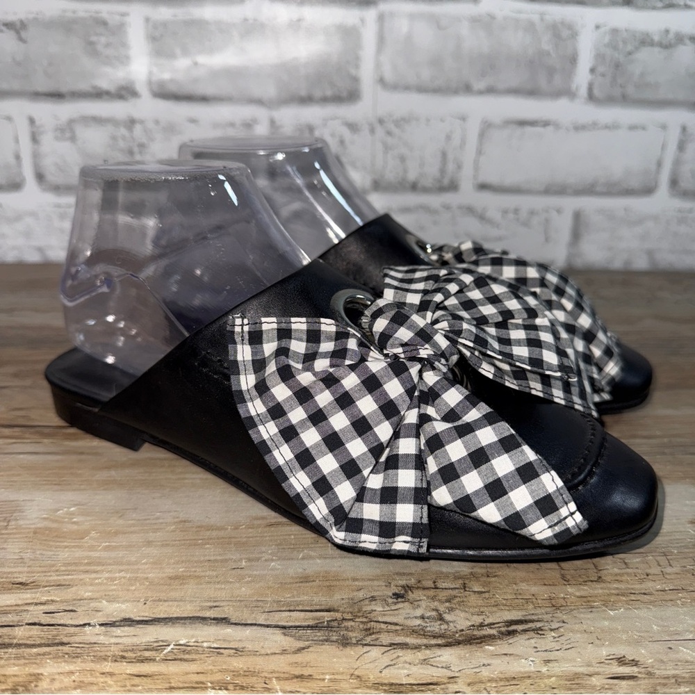 Freda Salvador Black Leather Flats with Black & White Gingham Bow